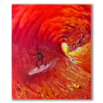 Red Ocean wave oil painting impasto artwork of a surfer