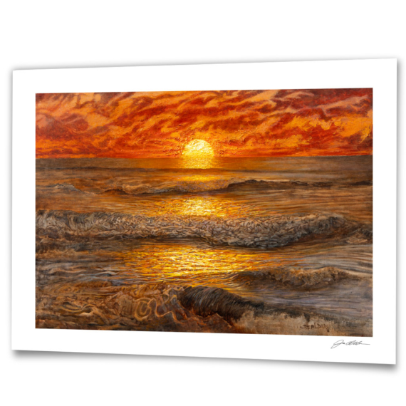 Light and Salty - Signed, numbered art print on archival paper of a beach at sunrise or sunset with waves breaking in orange and yellow colors