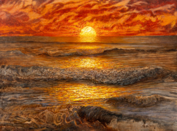 Light and Salty - Original oil painting of a beach at sunrise in a thick impasto technique and warm orange and yellow hues by Jay Alders