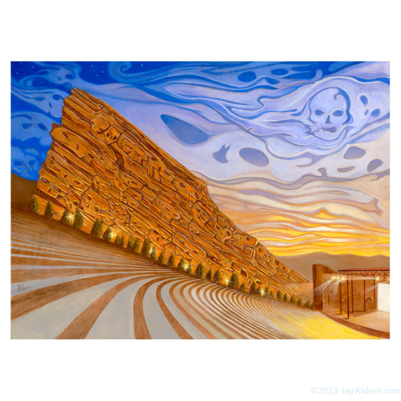 Original artwork by Jay Alders of Red Rocks with hidden skills which was featured at 2023 Slightly Stoopid show.