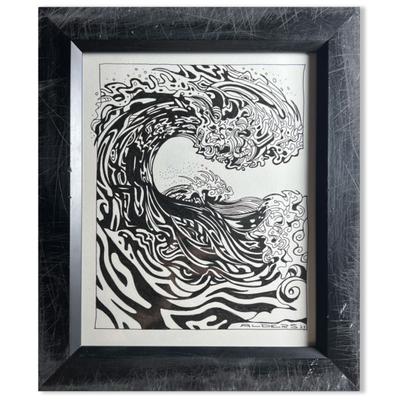 Wave 2223 - line art ink black and white drawing of a contemporary stylized ocean wave by Jay Alders