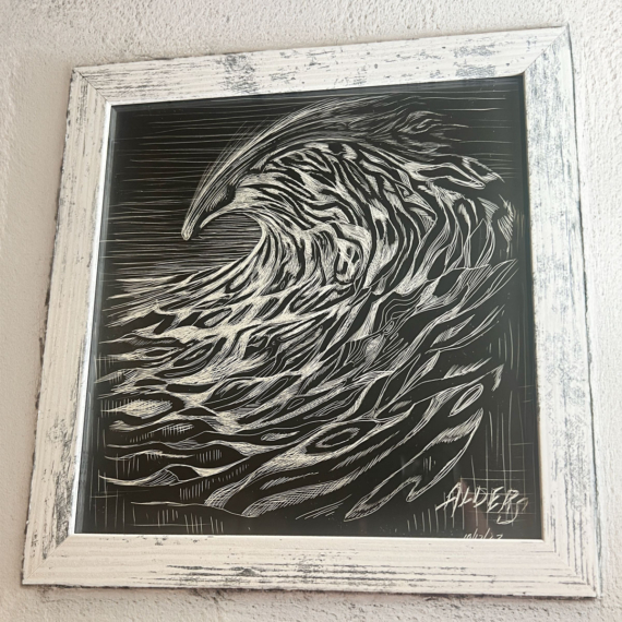Wave # 101223 - Original scratchboard modern surf ocean wave artwork in wood frame by artist Jay Alders
