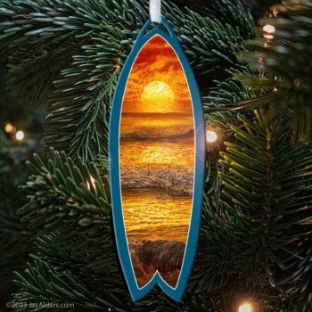 Light and Salty - Surfboard shaped beach scene artwork on a unique artsy Christmas ornament by Jay Alders
