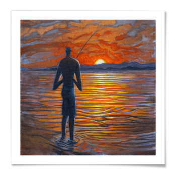 Limited edition artwork 'Fisherman's Palette' featuring a silhouetted fisherman in calm waters at sunset, vibrant orange and yellow sky, 15x15inches, bordered by 17x17 inches white frame, on acid-free archival paper, signed, only 10 available.