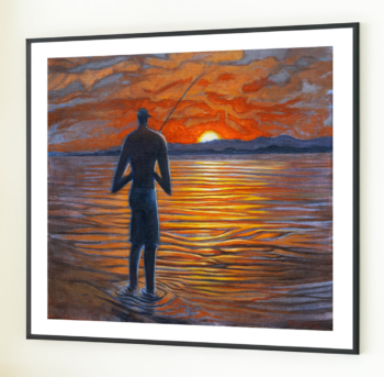 Limited edition fishing artwork 'Fisherman's Palette' featuring a silhouetted fisherman in calm waters at sunset, vibrant orange and yellow sky, 15x15inches, bordered by 17x17 inches white frame, on acid-free archival paper, signed, only 10 available.