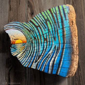 Wave # 2224 - Original acrylic on driftwood painting of a contemporary art wave by artist Jay Alders. A blue and turquoise wave breaking
