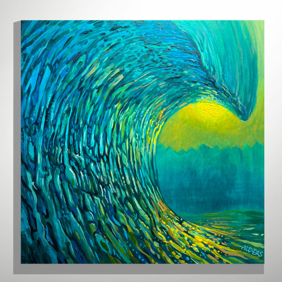 Contemporary ocean wave painting with modern style and blue, yellow and turquoise colors by artist Jay Alders