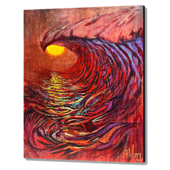 Red ocean wave painting with yellow sun, bold bright colored reflections and post impressionist inspiration by artist Jay Alders. Painted at the Philadelphia Museum of Art. Limited edition on canvas giclée.