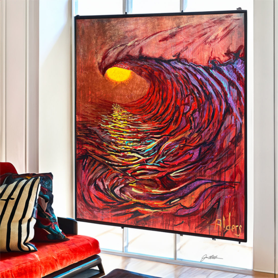 Red ocean wave painting with yellow sun, bold bright colored reflections and post impressionist inspiration by artist Jay Alders. Painted at the Philadelphia Museum of Art. Limited Edition Archival print signed by Artist in beach home