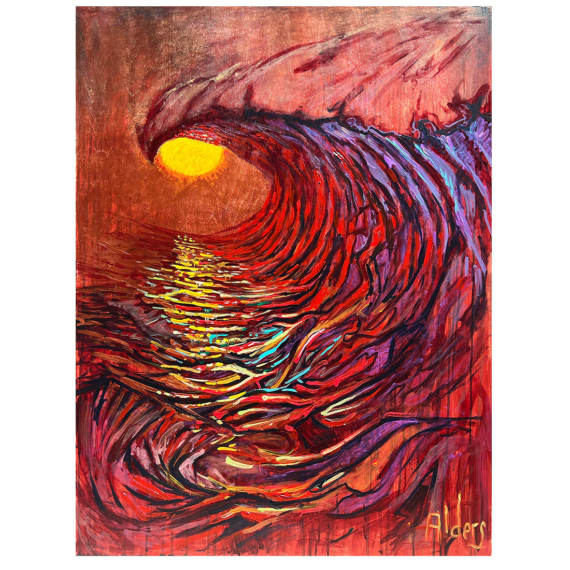 Original contemporary art ocean wave painting with yellow sun, red primary coloring, bold bright colored reflections and post impressionist inspiration by artist Jay Alders. Painted at the Philadelphia Museum of Art.