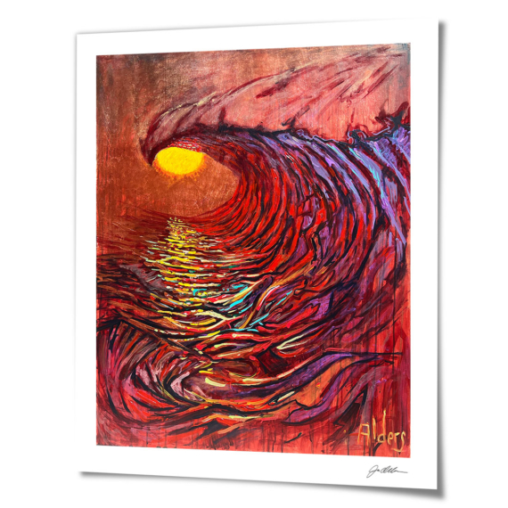 Red ocean wave painting with yellow sun, bold bright colored reflections and post impressionist inspiration by artist Jay Alders. Painted at the Philadelphia Museum of Art. Limited Edition Archival Print on Paper