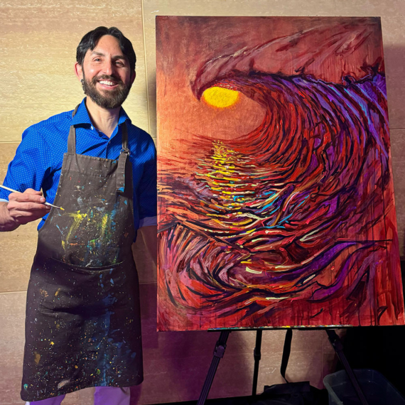 Artist Jay Alders at The Philadelphia Museum of Art, with his ocean inspired wave painting