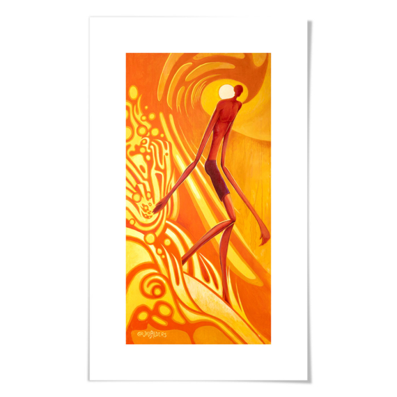 stylized, modern art surfer art print in red and orange color palette on fine art paper giclee