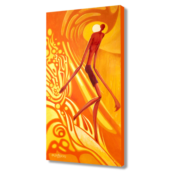 stylized, modern art surfer art print in red and orange color palette on canvas giclee