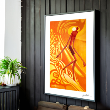 stylized, modern art surfer art print in red and orange color palette