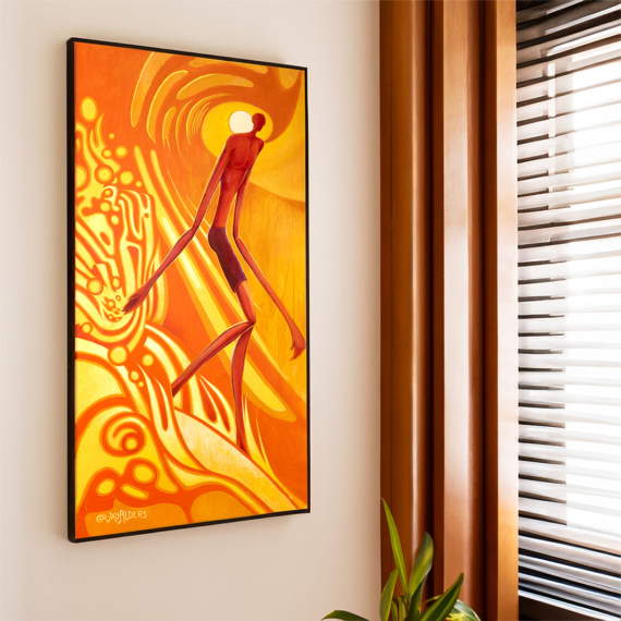 stylized, modern art surfer art print in red and orange color palette