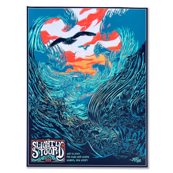 Slightly Stoopid July 12, 2024 Gig Poster AP. Seagull and wild ocean waves artwork for PNC Arts Center Holmdel by Jay Alders