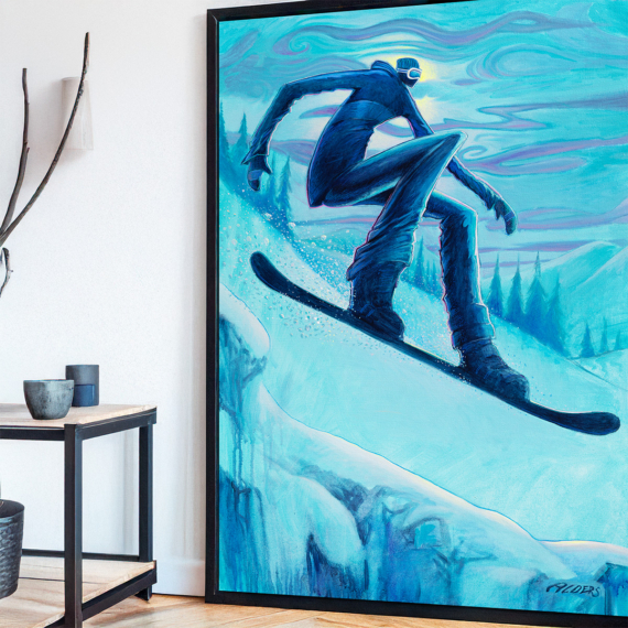 Modern elongated snowboarder art print in blue color palette by artist Jay Alders