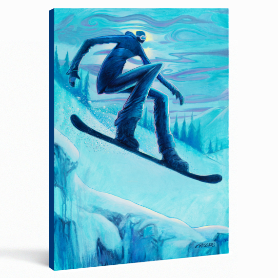 Contemporary elongated snowboarder art print in blue color palette by artist Jay Alders for interior