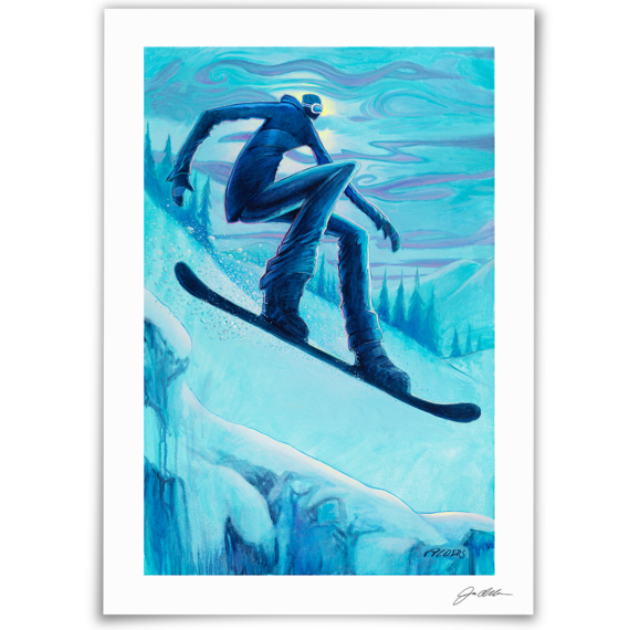 Modern elongated snowboarder art giclée print in blue color palette by artist Jay Alders