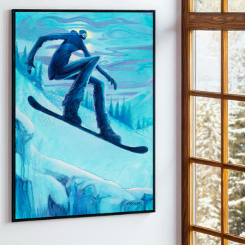 Modern elongated snowboarder art print in blue color palette by artist Jay Alders