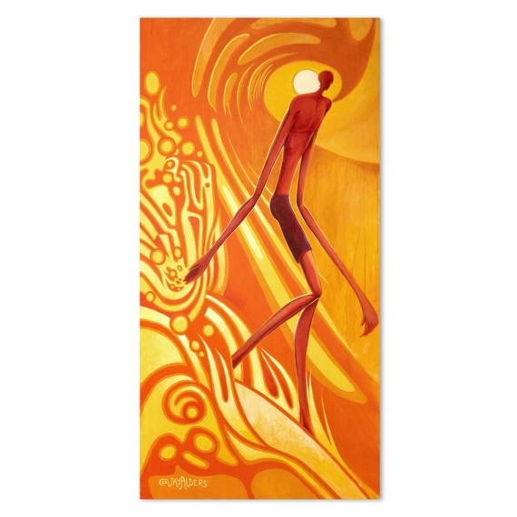 Modern elongated surfer painting - 8 foot tall - in orange color palette by artist Jay Alders