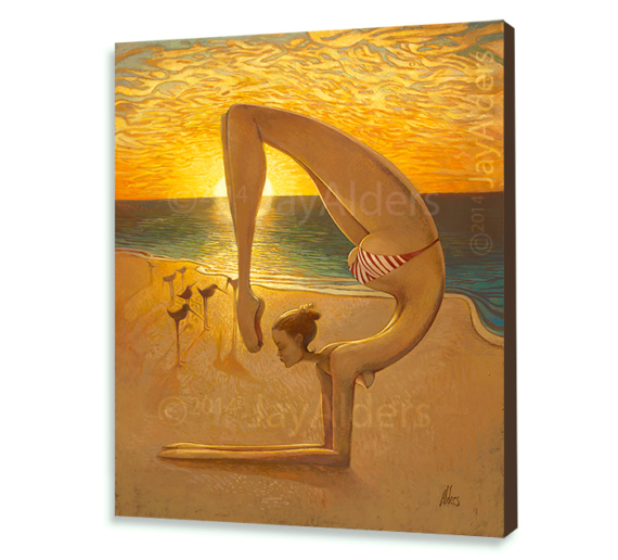 scorpion sunrise - A yoga art print of a woman on the beach doing scorpion pose by yogi artist jay alders